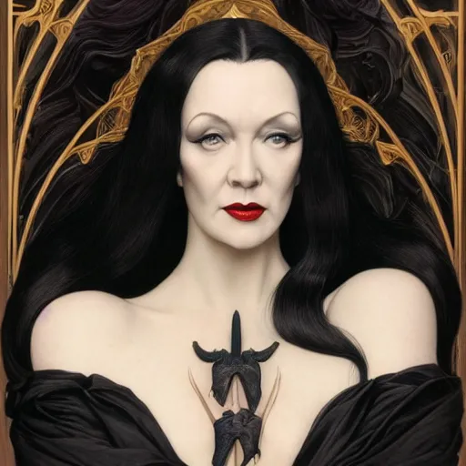 Image similar to catherine o'hara as morticia addams, masterpiece, intricate, elegant, highly detailed, digital painting, artstation, concept art, smooth, sharp focus, illustration, art by artgerm and greg rutkowski and alphonse mucha and uang guangjian and gil elvgren and sachin teng, symmetry!!