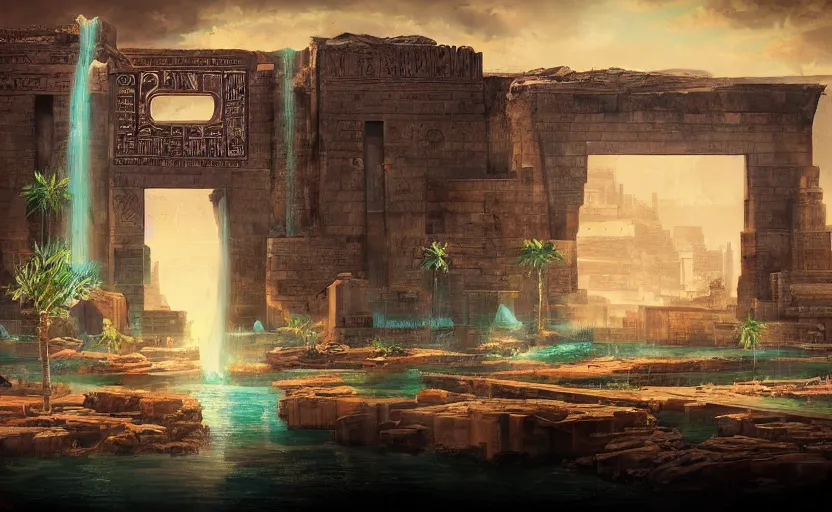 Prompt: ancient egyptian cityscape with waterfalls, retrowave epic art, trending on art station