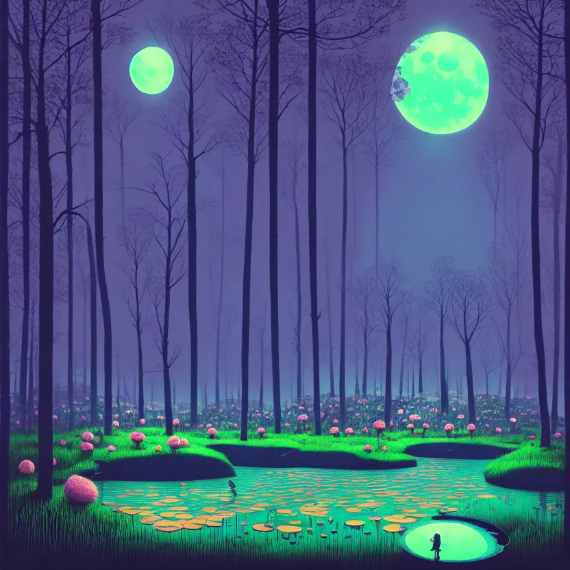 Image similar to ( ( ( gediminas pranckevicius ) ) ), a pond in the forest, moonlight, flower garden summer morning, very coherent and colorful high contrast art by simon stalenhag floralpunk screen printing woodblock, dark shadows, pastel color, hard lighting