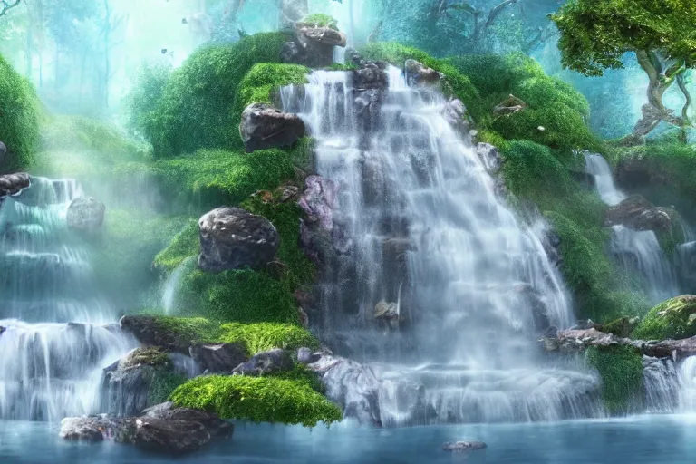 Prompt: An enchanted fantasy waterfall. Cinematic lighting. Photorealism.