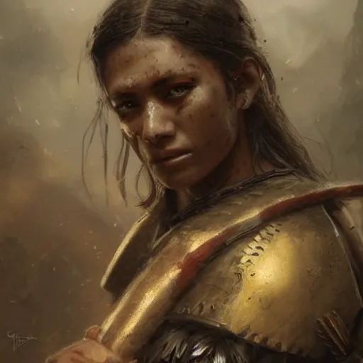 Prompt: a young wounded aztec warrior, close up, portrait, sinister atmospheric lighting. highly detailed painting by greg rutkowski, anime style