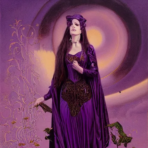 Prompt: portrait of a purple witch with golden embroidery, by gerald brom.
