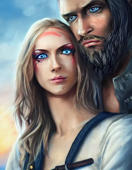 Image similar to couple in love. fully clothed armed female pirate captain, rachel wall, with a male pirate partner, sun, summer, blue eyes, beauty, wisdom, love, strength, knowledge, smart, portrait, symmetrical, highly detailed, digital painting, artstation, smooth, sharp focus, illustration, strength, art by felice house. 8 k