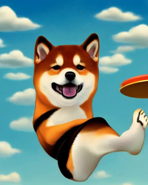 Prompt: shiba inu flies up with a frisbee ， painting photoshop by mark ryden and pixar and hayao miyazaki, 8 k