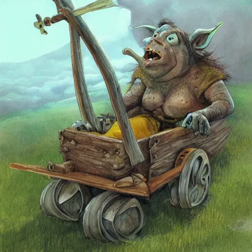 Image similar to painting of fat goblin riding down a hill in a rickety wooden cart holding a lance, fantasy art, magic : the gathering art, by diterlizzi