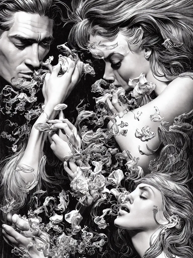 Image similar to fragrance advertising campaign by bernie wrightson, highly detailed