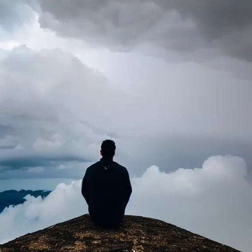 Prompt: man sitting on peak top mountain looking at huge vast sky storm tornado