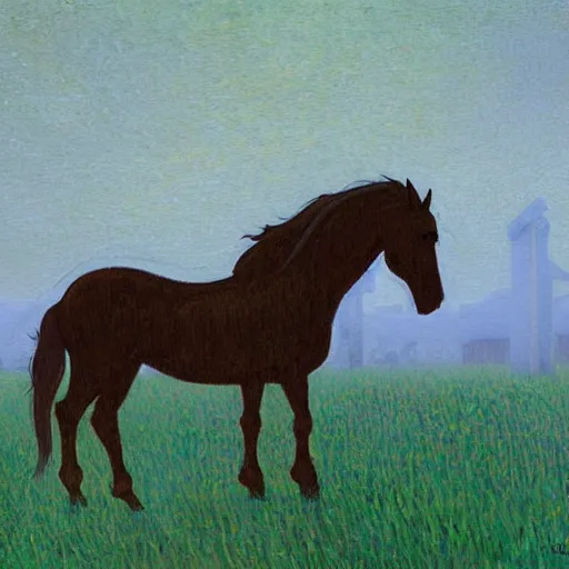 Image similar to sad ominous painting of a horse in a cemetery at dusk, in the style of studio ghibli and moebius and claude monet and vincent van gogh