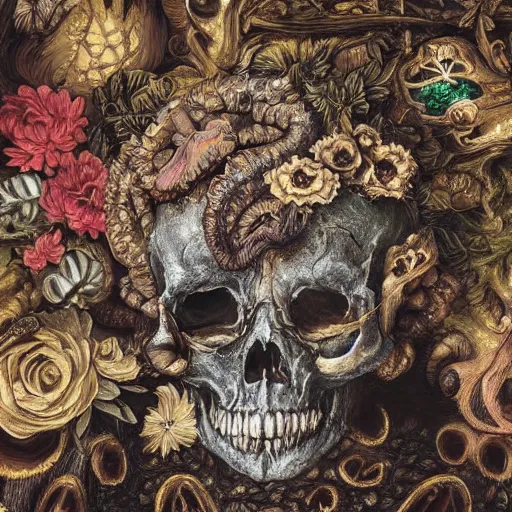 Image similar to a beautiful detailed rococo photo of a rotten woman corpse becoming almost a skull with face muscles, veins, arteries, fractal plants and fractal flowers and mushrooms growing around, intricate, ornate, volumetric light, beautiful lit, beetlejuice