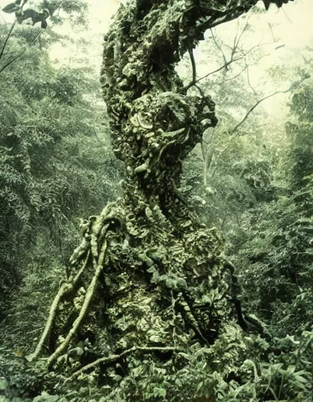 Image similar to vintage color photo of a giant 1 1 0 million years old abstract sculpture made of liquid white - gold covered by the jungle vines