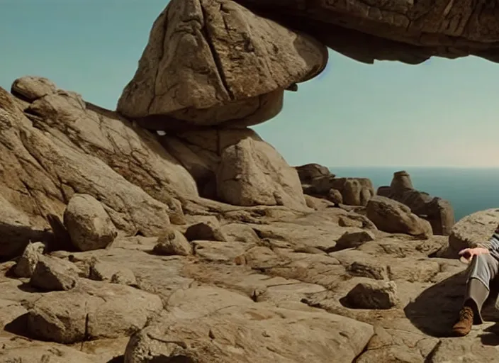 Image similar to screenshot of Luke Skywalker, played by Mark Hammill, sitting down surrounded by rocks hovering in mid-air, outside on the rocky jedi temple, iconic scene from the force awakens, 1980s film directed by Stanley Kubrick, great portrait of Mark Hammill, cinematic lighting, kodak, strange, hyper real, stunning moody cinematography, with anamorphic lenses, crisp, detailed portrait, 4k image