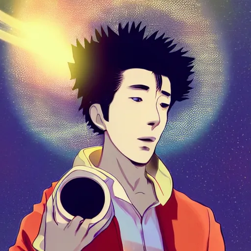 Image similar to A man drinking a cup of cosmic energy, bright light, by Masafumi Harada, 4k, digital art, surreal, anime style, space dandy style, highly detailed, godsend, artstation