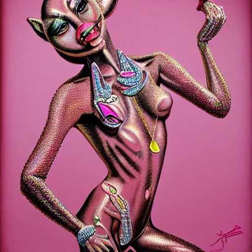 Image similar to a woman with a pink panther in her arms, wearing strong jewerly and crystals, surreal, art by peter lloyd, 1 9 8 0's art, airbrush style, art by hajime sorayama,, intricate, elegant, sharp focus, illustration, highly detailed, h 8 0 0