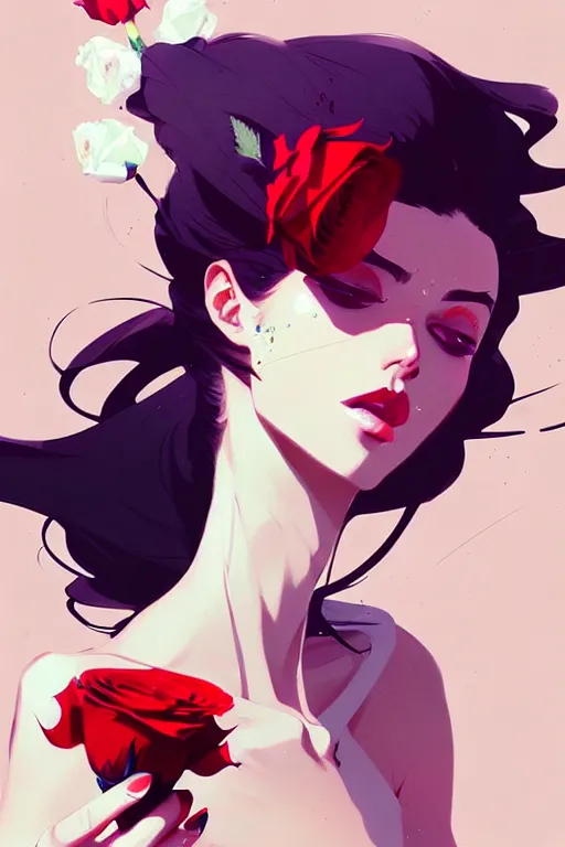 Image similar to a ultradetailed beautiful panting of a stylish woman holding a rose, by conrad roset, greg rutkowski and makoto shinkai, trending on artstation