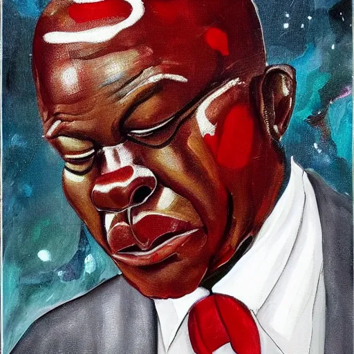 Image similar to a painting of a loving, caring fatherly wide forehead, aquiline nose, round face, XXL , generous, ever-present, humble, wise elder from Kenya in a silver suit and red tie by Wangechi Mutu . Fatherly/daddy, focused, loving, leader, relaxed. Gold background, heavenly lights, details, smooth, sharp focus, illustration, realistic, cinematic, artstation, award winning, rgb , unreal engine, octane render, cinematic light, macro, depth of field, blur, light and clouds, highly detailed epic cinematic concept art CG render made in Maya, Blender and Photoshop, octane render, excellent composition, dynamic dramatic cinematic lighting, aesthetic, very inspirational, arthouse.