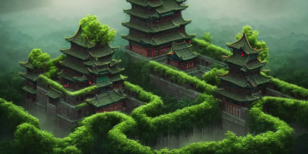 Image similar to giant ancient chinese castle in an forest with some ivy plants on the walls, cinematic, epic, dramatic lighting from above, dark, vines, fantasy, dust, unreal engine, octane, highly detailed, concept art, dark, super realistic