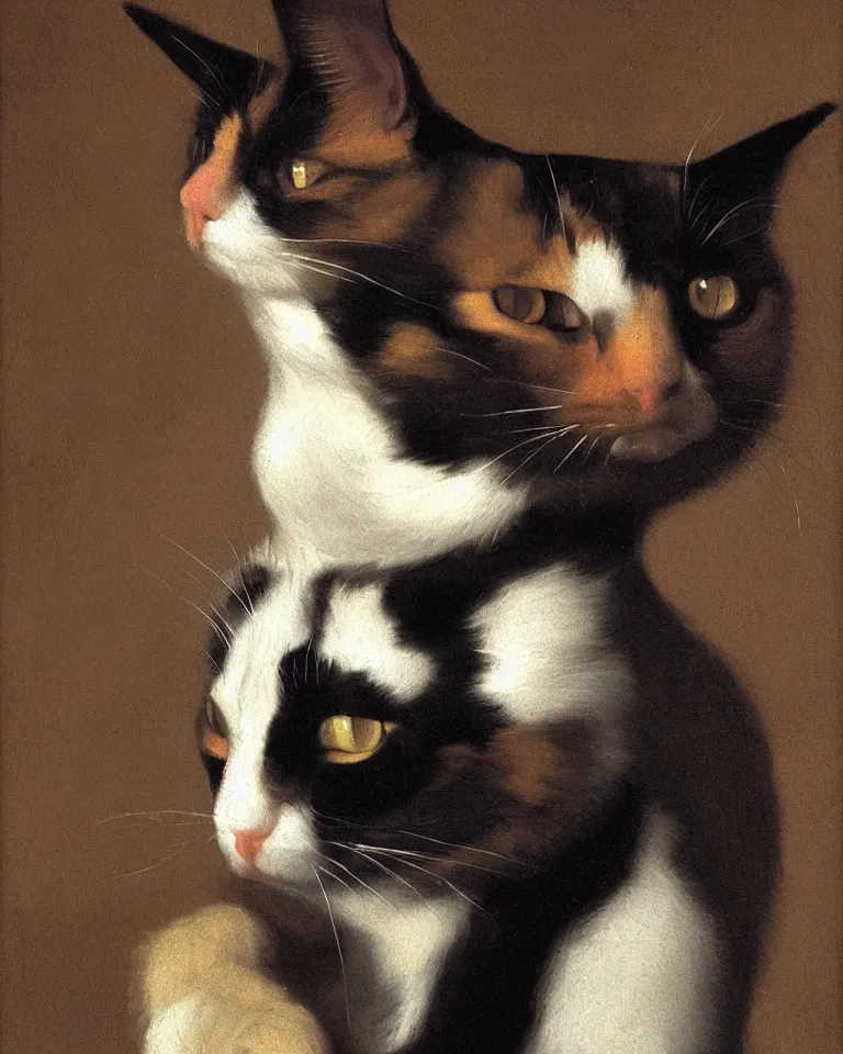 Prompt: close up portrait of one calico cat by vermeer. black background, three - point lighting, enchanting, realistic features, realistic proportions.