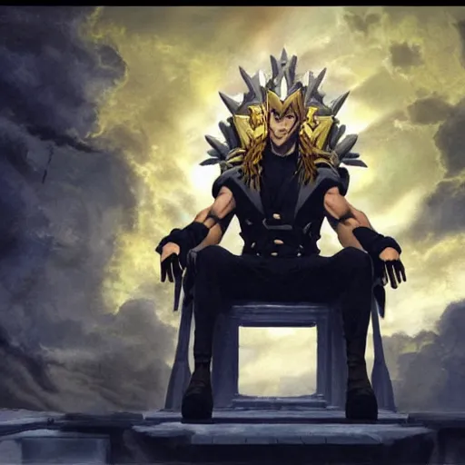 Image similar to dio from jojo's bizarre adventure sitting on a throne, matte painting by greg rutkowski, dim lighting