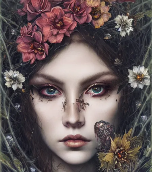 Prompt: portrait of the supreme queen of the dark cult, surrounded overgrowth and flowers 🍂 by karol bak, WLOP, James Jean, tom bagshaw, rococo, trending on artstation, fantasy magic fashion girl portrait, glossy eyes, face, fantasy, intricate, elegant, highly detailed, digital painting, concept art, smooth, sharp focus, illustration, cinematic lighting, hyper realism, octane render, 8k, hyper detailed.