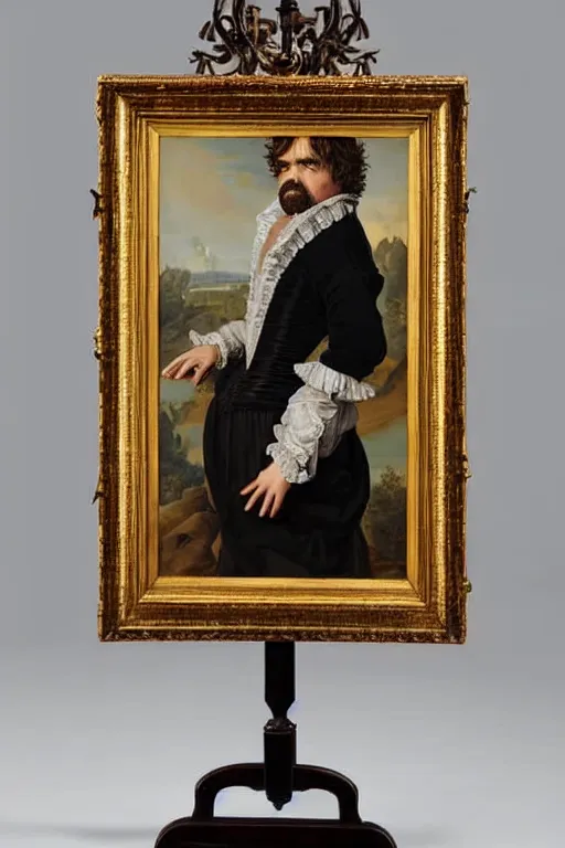 Image similar to a 1 6 0 0 s framed portrait painting of peter dinklage standing on a step stool, intricate, elegant, highly detailed