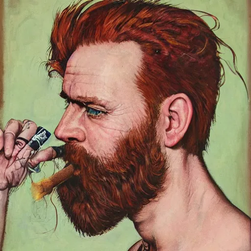 Image similar to portrait of a young man, long red beard, mid length red hair, receding hairline, wearing a punk rock t shirt, smoking a cigarette, painted by John dyer baizley and Norman Rockwell and Aaron horkey