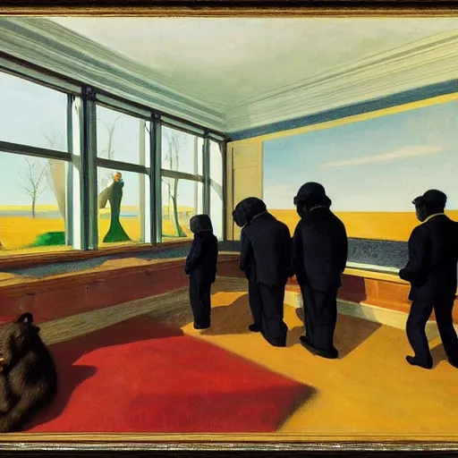 Image similar to painting, view from inside edward hopper's painting nighthawks, of a group of werebears inside a gallery, by magrirre, by neo rauch