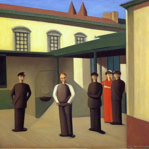 Image similar to public trial in a courtyard, grant wood, pj crook, edward hopper, oil on canvas