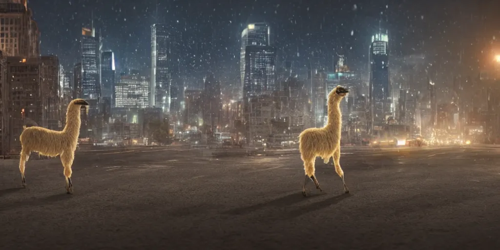 Prompt: a llama walking through a desolate city street at night, statue of liberty seen in the background, realistic 4 k octane beautifully detailed render, 4 k post - processing, highly detailed, intricate complexity, epic composition, magical atmosphere, cinematic lighting, masterpiece, ultra hd