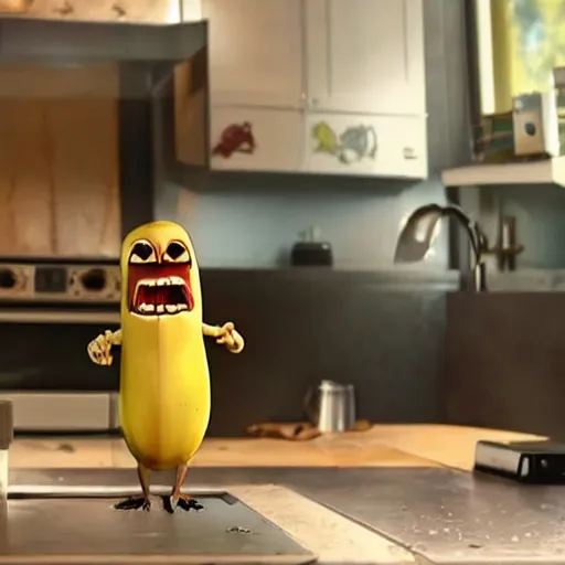 Image similar to an evil toaster with tiny legs and arms carries a banana while leaping to the kitchen table in a thrilling chase scene from a movie starring keanu reeves, cinematic, realistic