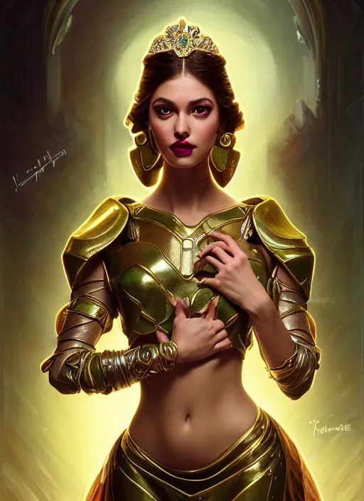 Prompt: glamorous princess jasmin portrait, seductive eyes and face, elegant, lascivious pose, very detailed face, studio lighting, photorealism, wearing Forerunner armor from Halo portrait by Magali Villeneuve and Steve Argyle,Livia Prima,Mucha,dress,fantasy art,beautiful,artstation,trending on artstation,intricate details,alluring,masterpiece
