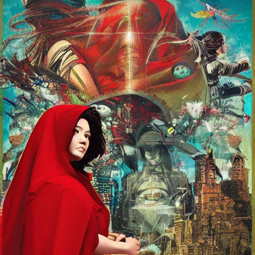 Image similar to portrait of a daydreaming latina woman in a red riding hood monk custome being progressively rasterized into pixels, surrounded by digital birds and a loving robot, by yoji shinkawa, esao andrews and dave mckean