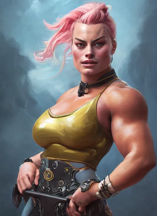 Image similar to detailed portrait of margot robbie as a thick female bodybuilder champion zarya from overwatch, attractive, beautiful, fantasy, intricate, elegant, highly detailed, digital painting, artstation, concept art, matte, sharp focus, illustration, art by aenaluck, artgerm and roberto ferri and greg rutkowski, epic fantasy, digital painting