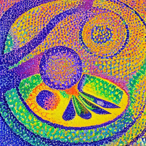 Image similar to a detailled pointillist painting of colorful round patterns, by henri - edmond cross and maximilien luce, textured, relief