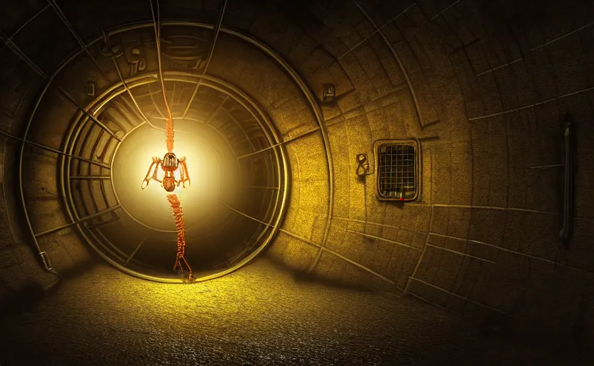 Image similar to mechanical spider in a large dimly lit sewer, ultra detailed digital art, fine drawing, hyper real, 4 k, moody lighting, warm colors