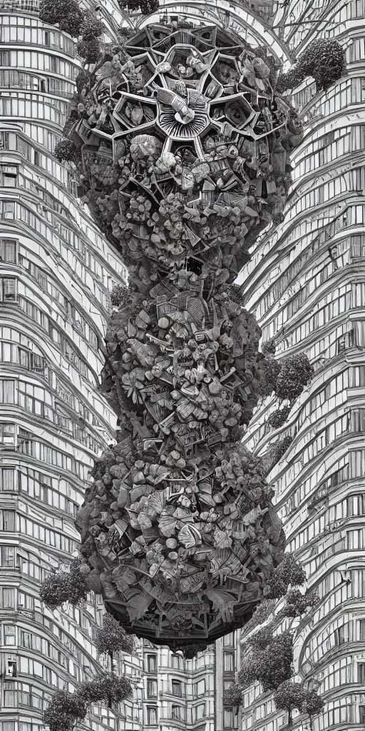 Image similar to colossal MC Escher flower in the middle of post soviet constructivist cityscape, Stalinist architecture, ultradetailed, Intricate by Hayao Miyazaki and Josan Gonzalez and Giuseppe Arcimboldo and Wes Anderson and H.R. Giger