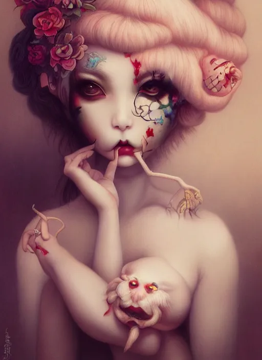 Image similar to pop surrealism, lowbrow art, realistic cute seductive female painting, japanese style, hyper realism, muted colours, rococo, kaname ozuma, natalie shau tom bagshaw, mark ryden, trevor brown style,