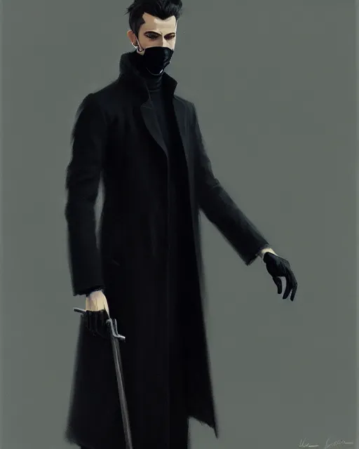 Image similar to a ultradetailed beautiful panting of a european young man wearing black medical mask and black long coat, by ilya kuvshinov, greg rutkowski and makoto shinkai, trending on artstation