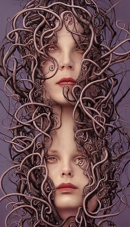 Image similar to very detailed portrait of a 2 0 years old girl surrounded by tentacles, the youg woman visage is blooming from fractal and vines, by gerald brom,