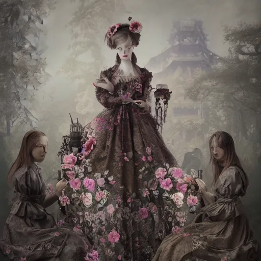 Image similar to 8k, octane render, realism, tonalism, renaissance, rococo, baroque, group of creepy young ladies wearing long tonal harajuku manga dress with flowers and skulls, background chaotic flowers