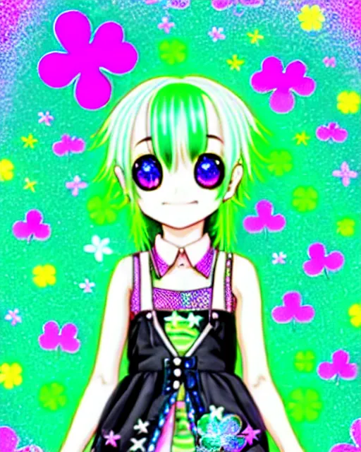 Image similar to a hologram of decora styled green haired yotsuba koiwai wearing stylish gothic lolita clothes, background full of lucky clovers and shinning stars, holography, irridescent, baroque visual kei decora art