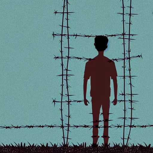 Prompt: scared man standing in front of a fence with barbed wire, by jeffrey smith, tim biskup, behance contest winner, wallpaper, digital illustration