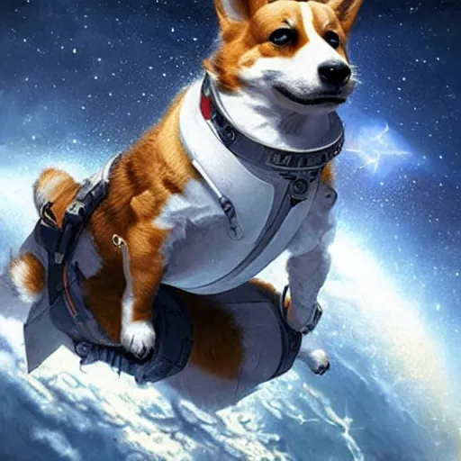 Prompt: a heroic corgi cosmonaut in outer space, highly detailed, intense, cinematic, stunning digital art by greg rutkowski