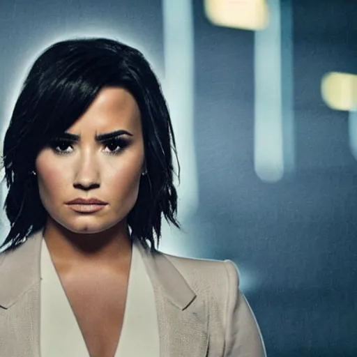 Image similar to close-up of Demi Lovato as a detective in a movie directed by Christopher Nolan, movie still frame, promotional image, imax 70 mm footage