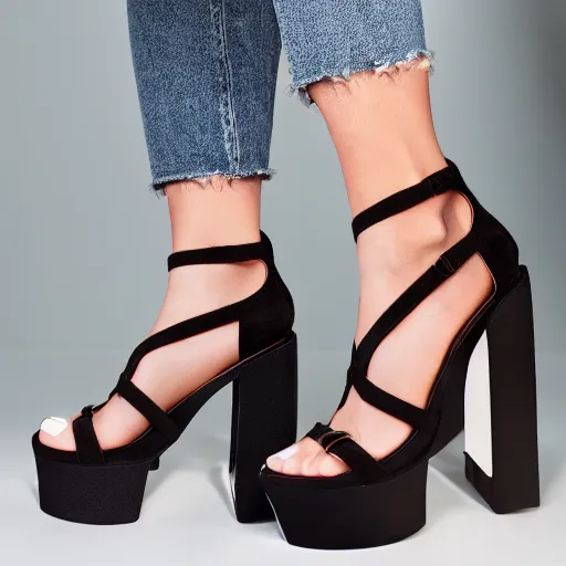 Image similar to woman's feet in black demonia chunky platform sandals, studio light, 8 k