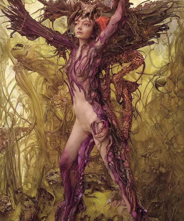 Prompt: a portrait photograph of a alien harpy succubus queen with amphibian skin. she looks like sadie sink dressed in a colorful slimy organic membrane catsuit. she is transforming into an insect. by donato giancola, hans holbein, walton ford, gaston bussiere, peter mohrbacher and hr giger. 8 k, cgsociety, fashion editorial