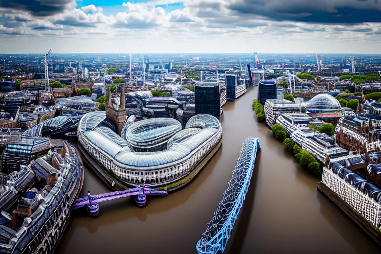 Image similar to an aerial view of a london city with a river running through it, a tilt shift photo by christopher wren, featured on cg society, new objectivity, uhd image, tilt shift, high dynamic range