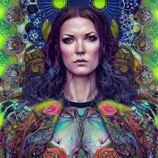 Image similar to portrait of danneel ackles, hyper detailed masterpiece, neon floral pattern, jean giraud, digital art painting, darkwave goth aesthetic, psychedelic, artgerm, donato giancola and tom bagshaw