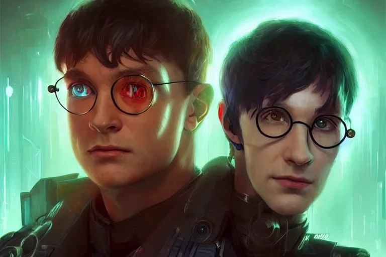 Image similar to portrait of cyborg Harry Potter in cyberpunk, neon lighting, digital art from artstation by Ruan Jia and Mandy Jurgens and Artgerm and william-adolphe bouguereau and Greg Rutkowski and Wayne Barlowe
