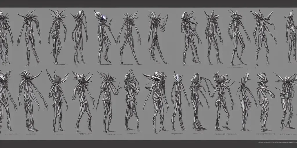 Image similar to a humanoid mantis alien creature, character design sheet, detailed concept art by fortiche, masterpiece