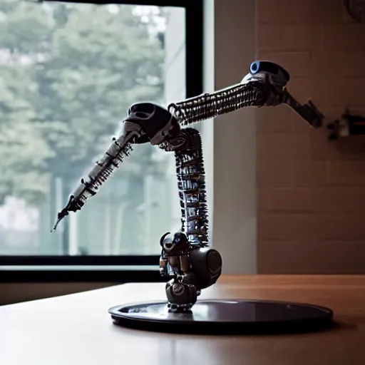 Prompt: a robotic arm on a table in a kitchen, professional photo